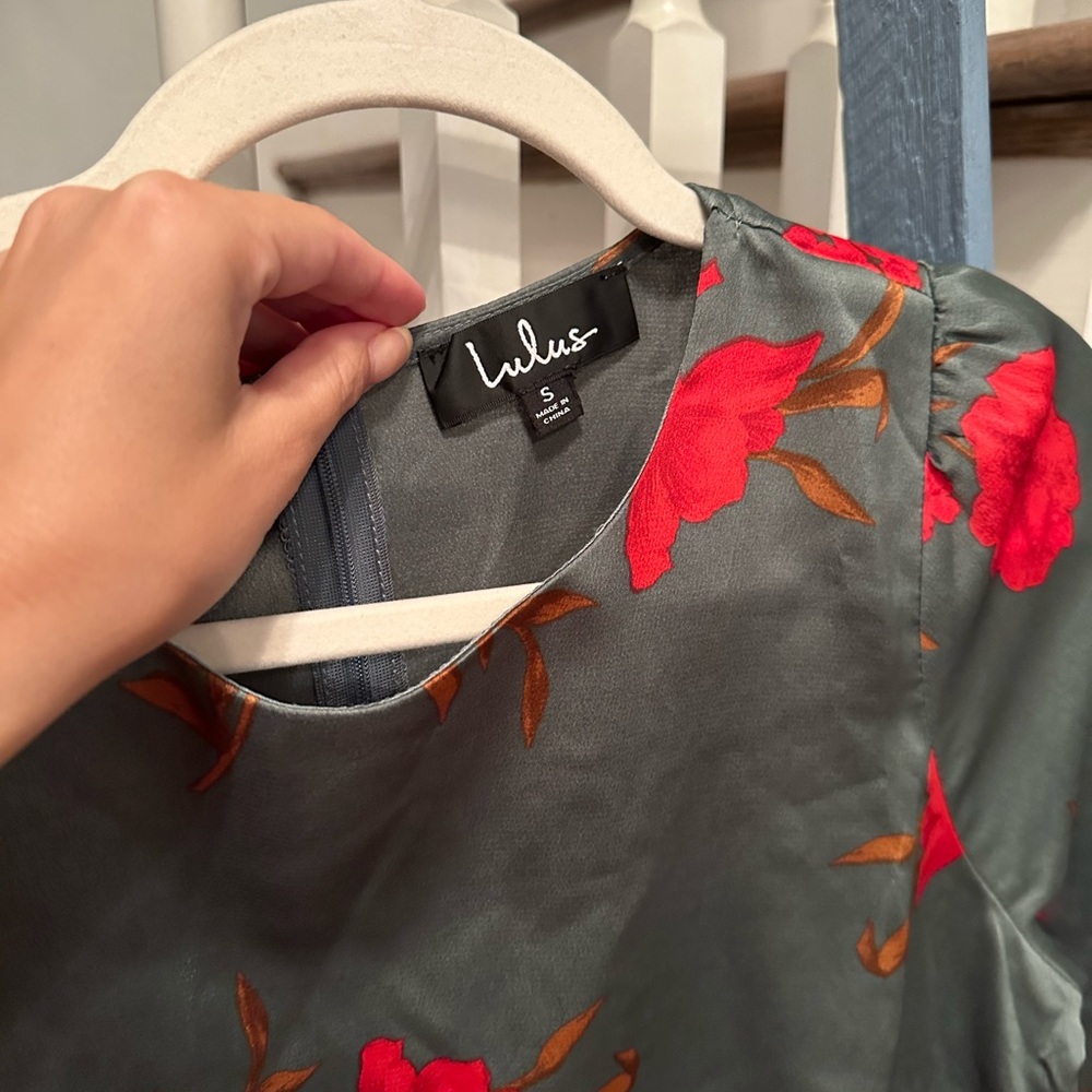 Lulus Flare Game Sage Green Floral Satin Flounce Sleeve Mini Dress - Picture 3 of 4